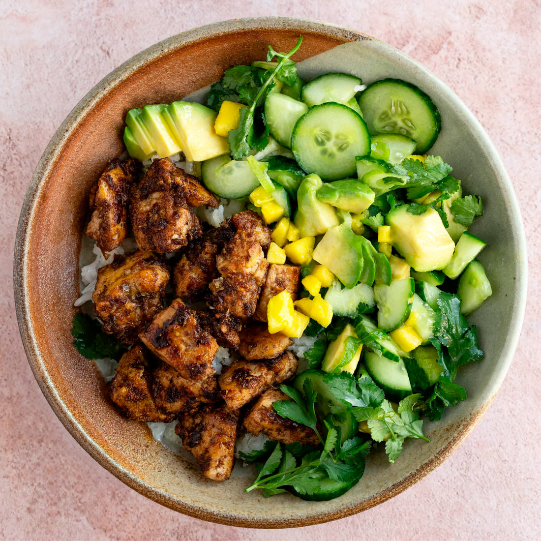 Sweet & Spicy Jerk Tofu Over Fluffy Coconut Rice, With Mango, Avocado & Cucumber Salad