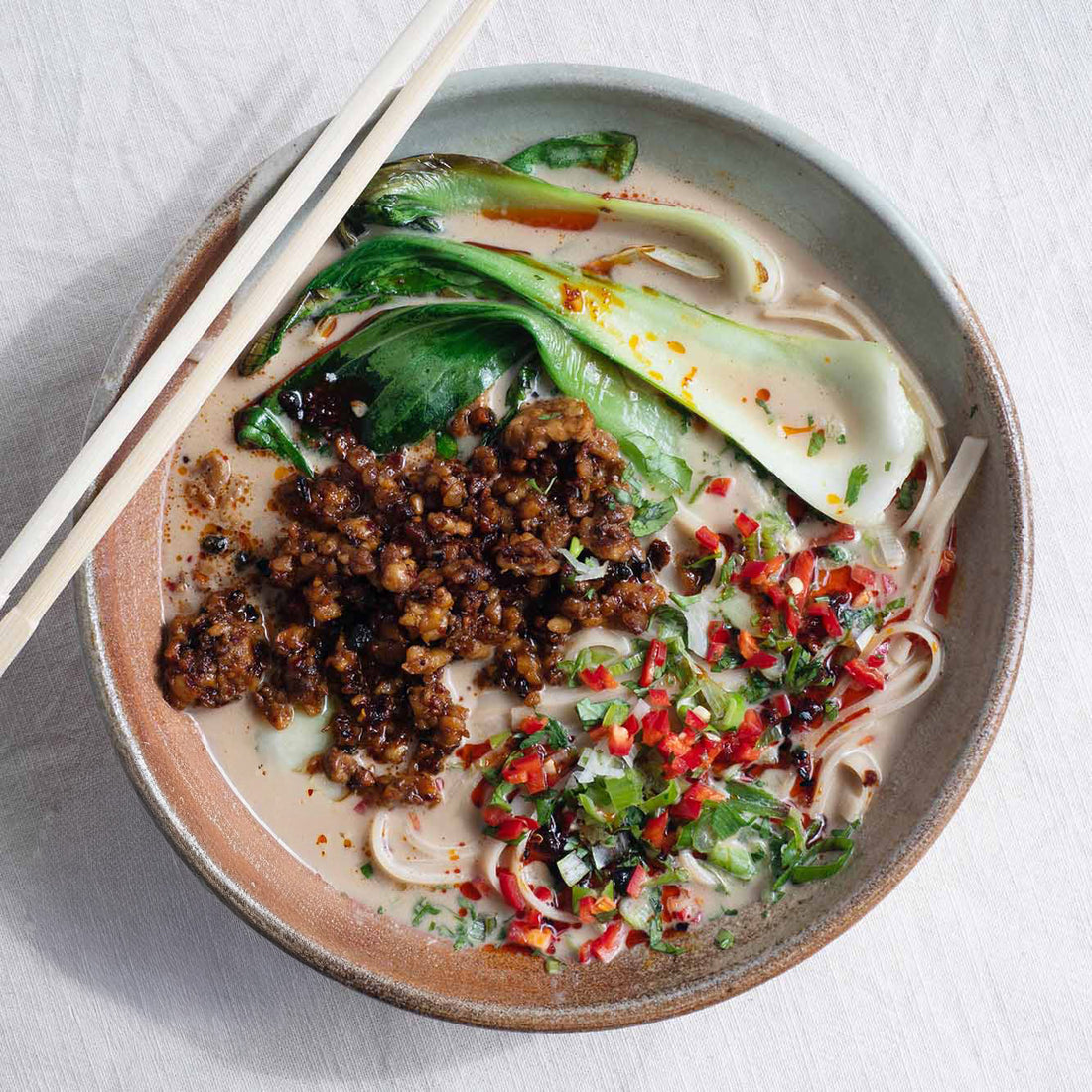 Tahini Miso Ramen With Crispy Chilli Tempeh, Pak Choi & Flat Rice Noodles
