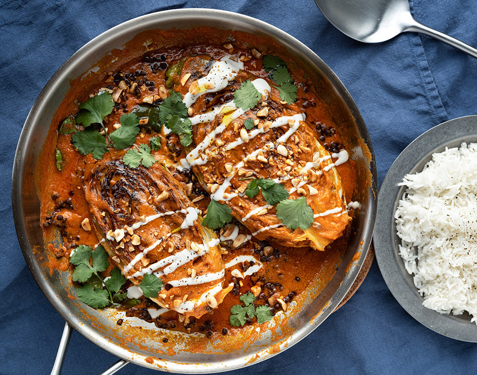 Thai Red Curry Hispi Cabbage With Black Lentils, Lime Yoghurt, Toasted Peanuts, Fresh Coriander & Fluffy Rice