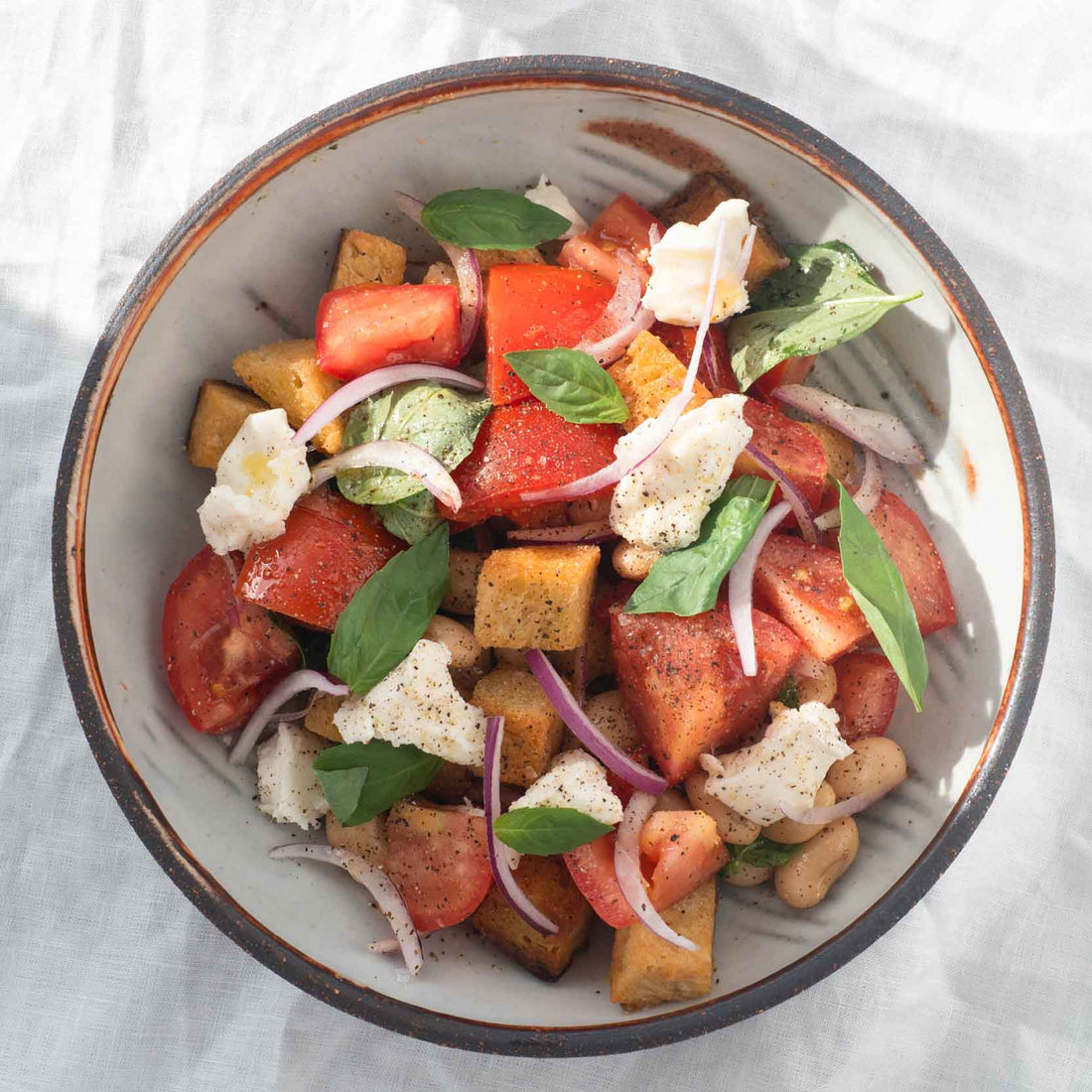 Tuscan Panzanella Salad, With Creamy Vegan Mozzarella, Golden Ciabatta Croutons & Caper-Spiked Vinaigrette
