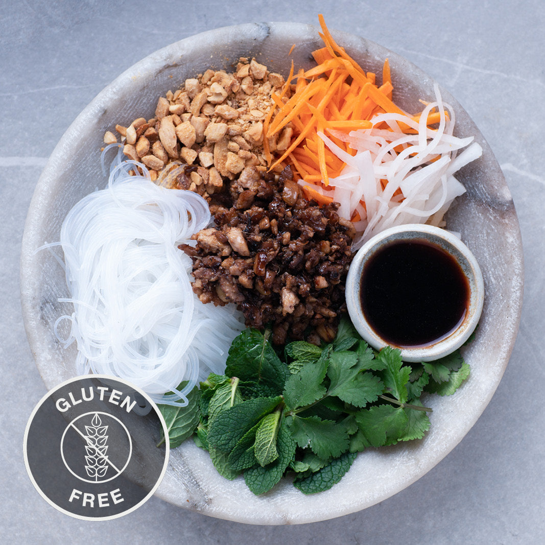 Vietnamese Bún Chay Noodle Salad With Walnut Miso & Mushrooms, Pickled Mooli & Carrot & Fresh Herbs