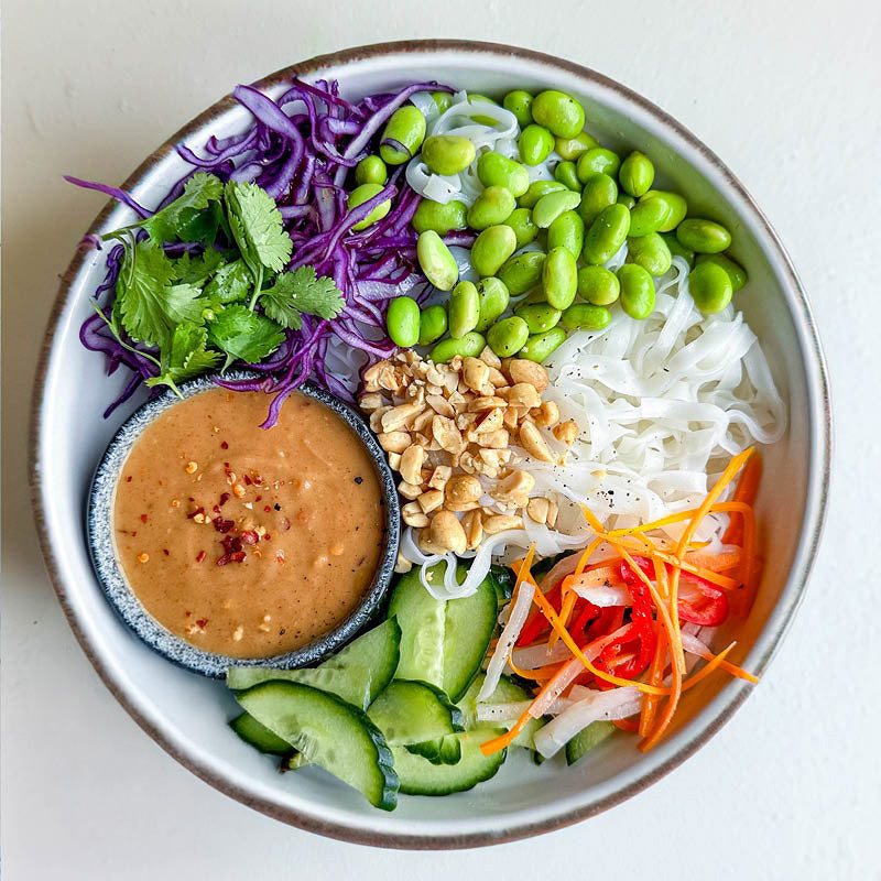 Vietnamese Rice Noodle Salad With Peanut Lemongrass Sauce, Pickled Carrot & Daikon, Edamame & Toasted Peanuts