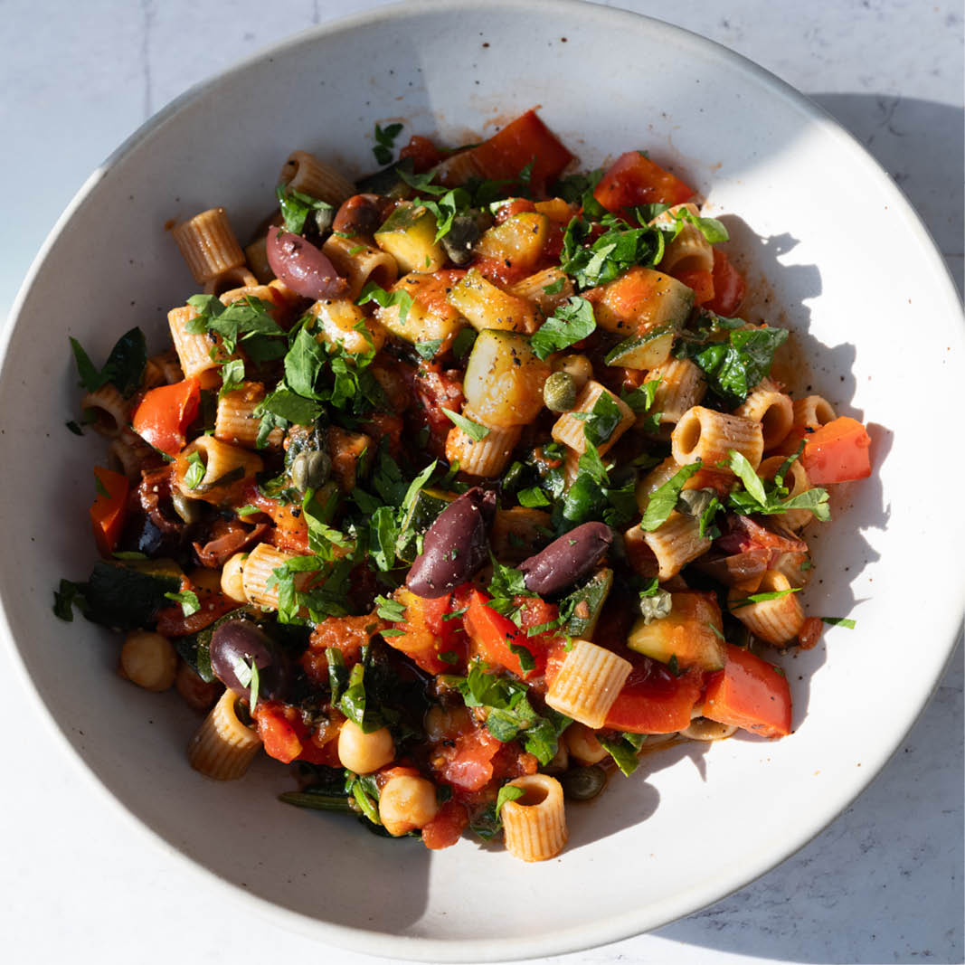 Wholewheat Ditalini Puttanesca With Chickpeas, Courgettes, Red Pepper & Fresh Parsley